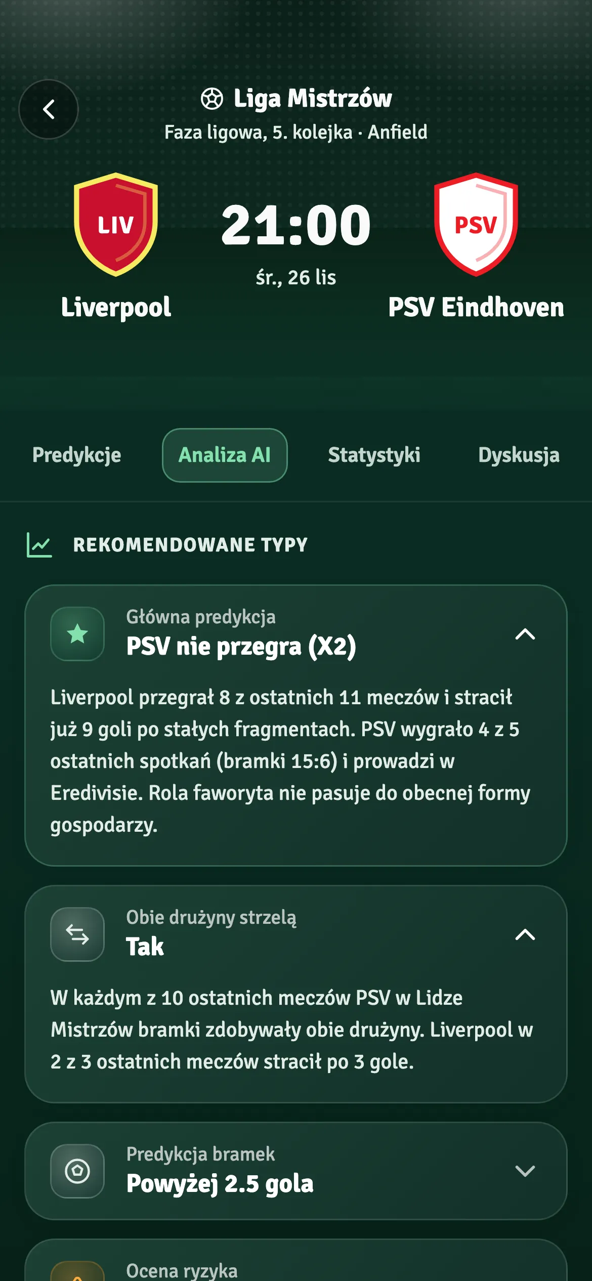 Analiza AI meczu Liverpool – PSV z rekomendowanymi typami i uzasadnieniem