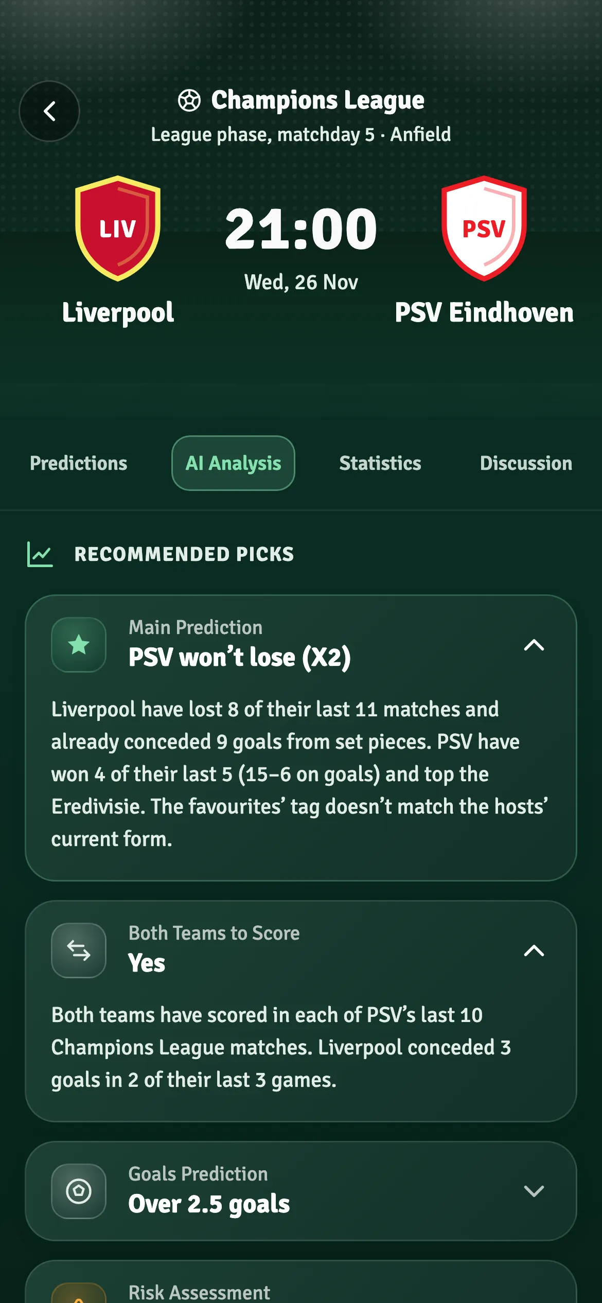 AI analysis of Liverpool vs PSV with recommended picks and reasoning