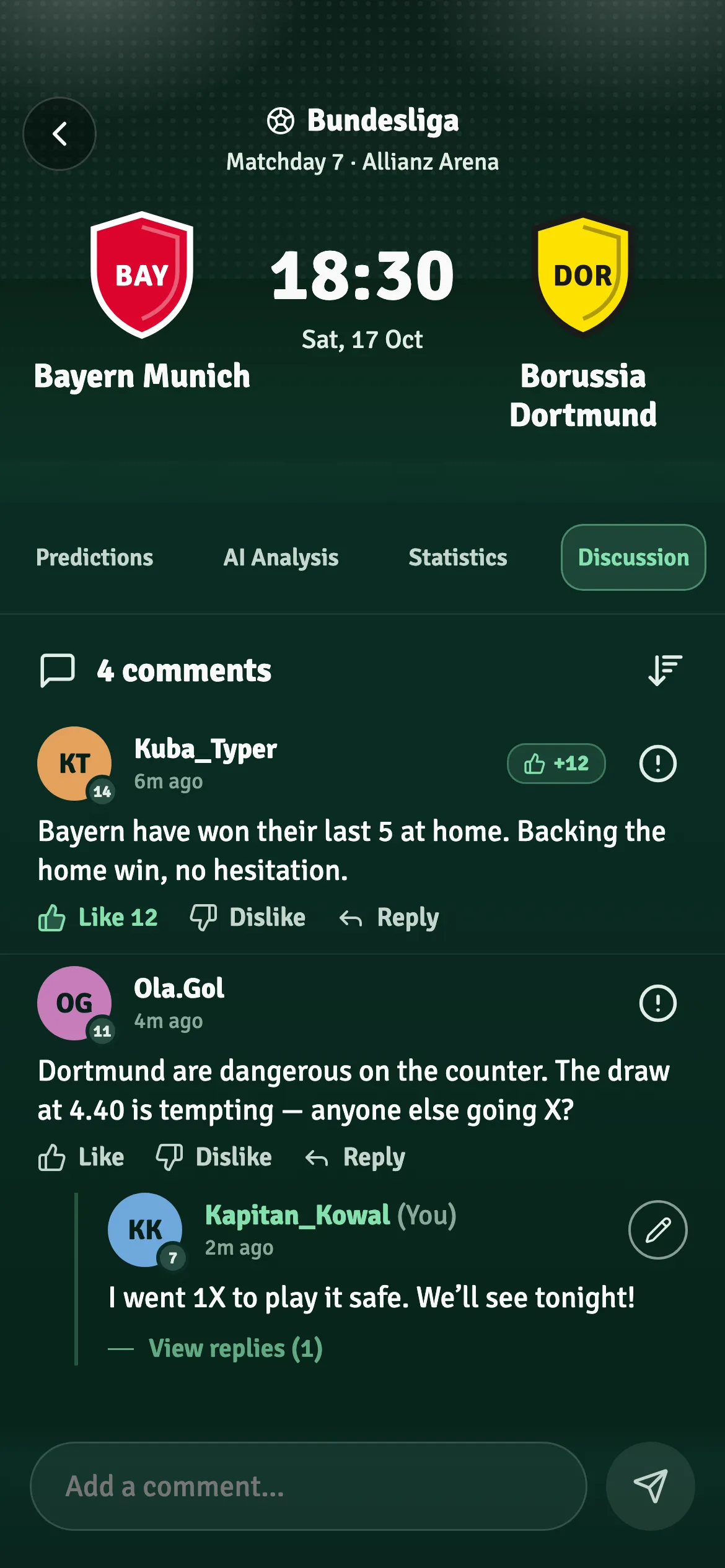 Match discussion with user comments and replies