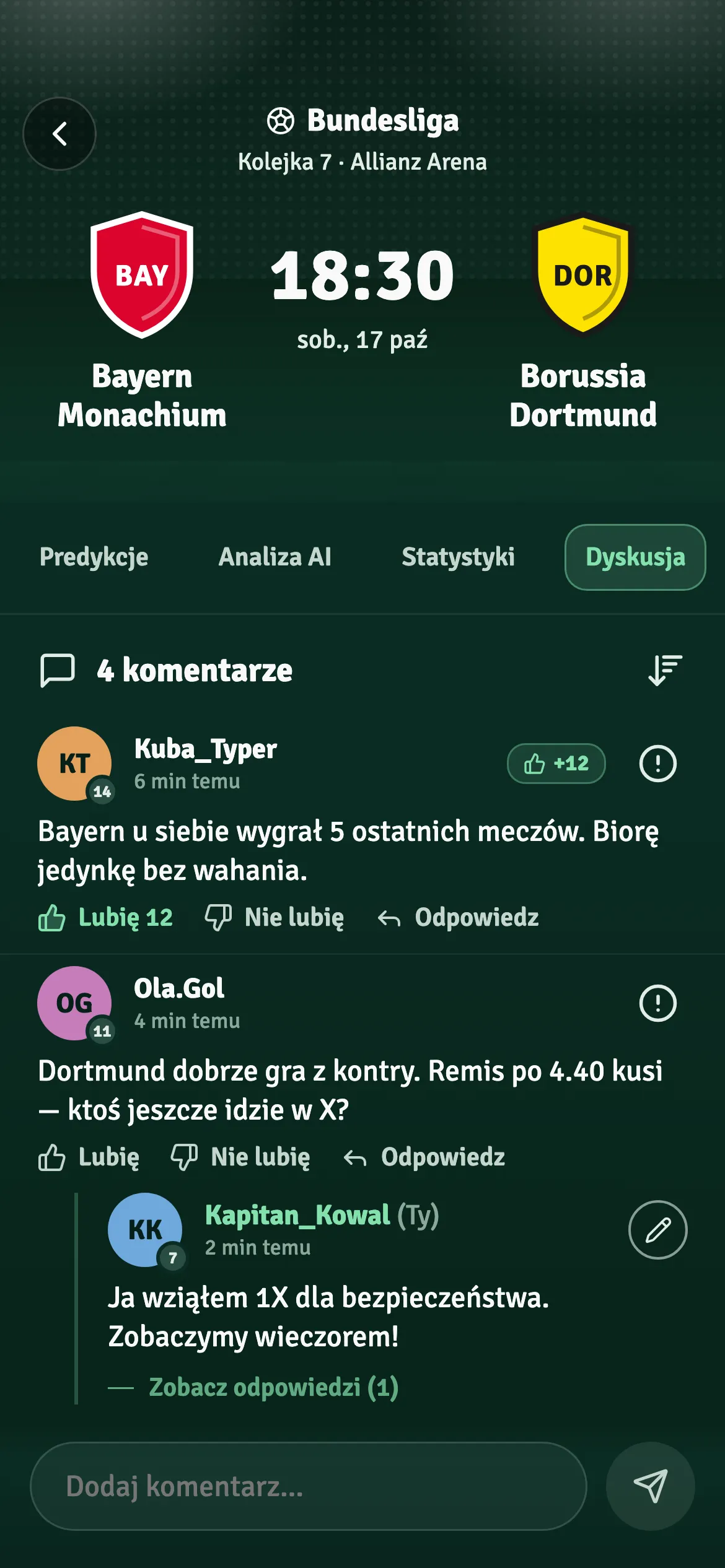 Dyskusja pod meczem z komentarzami i odpowiedziami użytkowników