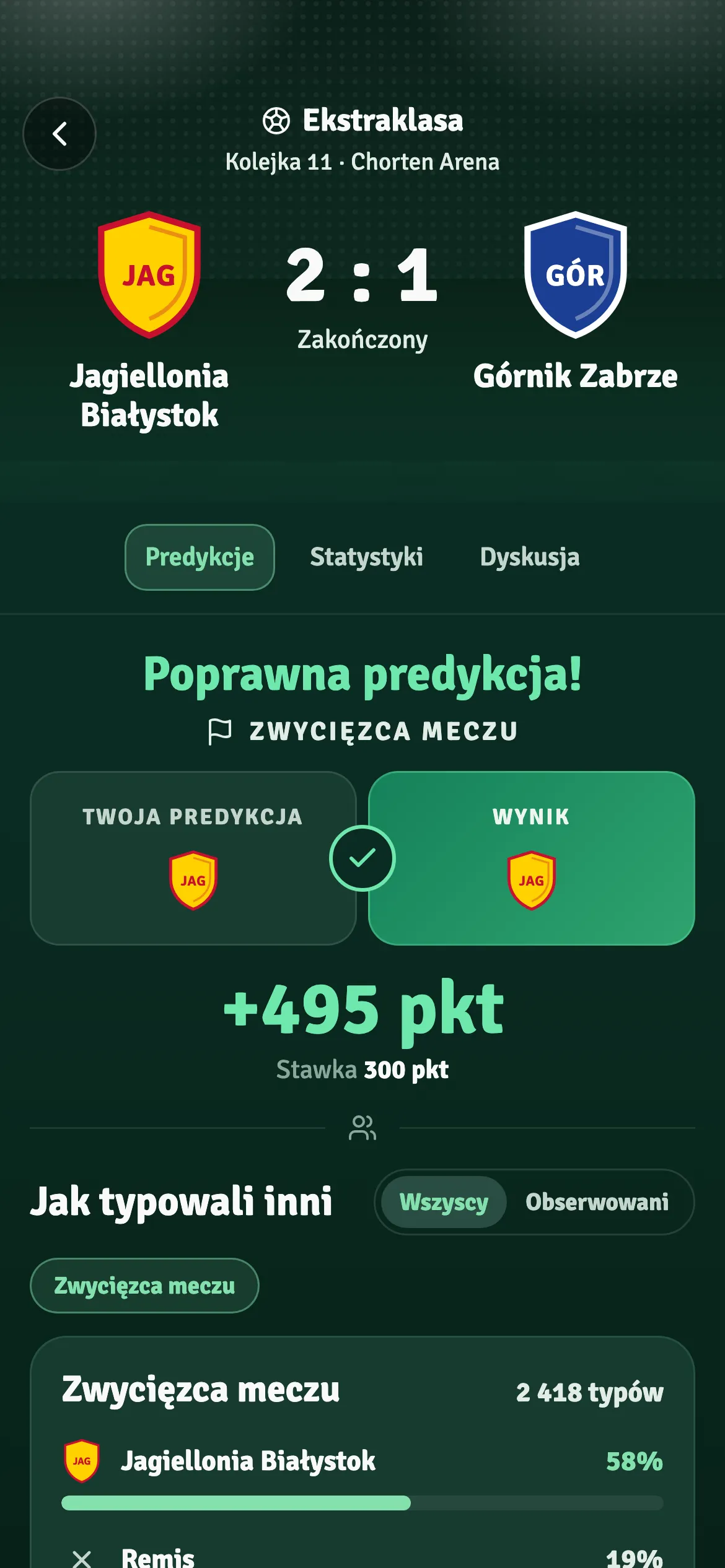 Ekran trafionego typu: Jagiellonia – Górnik 2:1 i +495 pkt